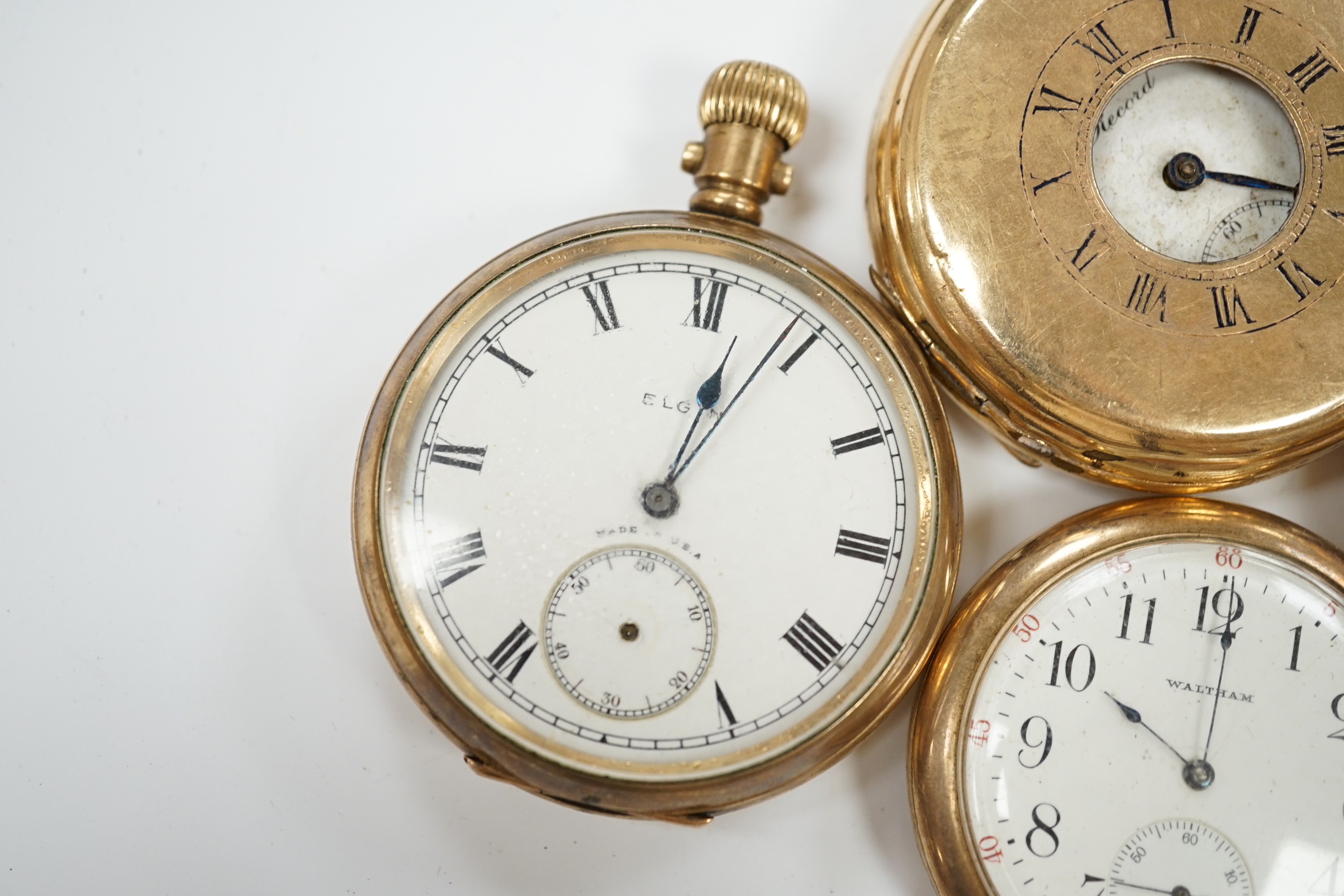 Four assorted gold plated pocket watches, including Elgin and half hunter.